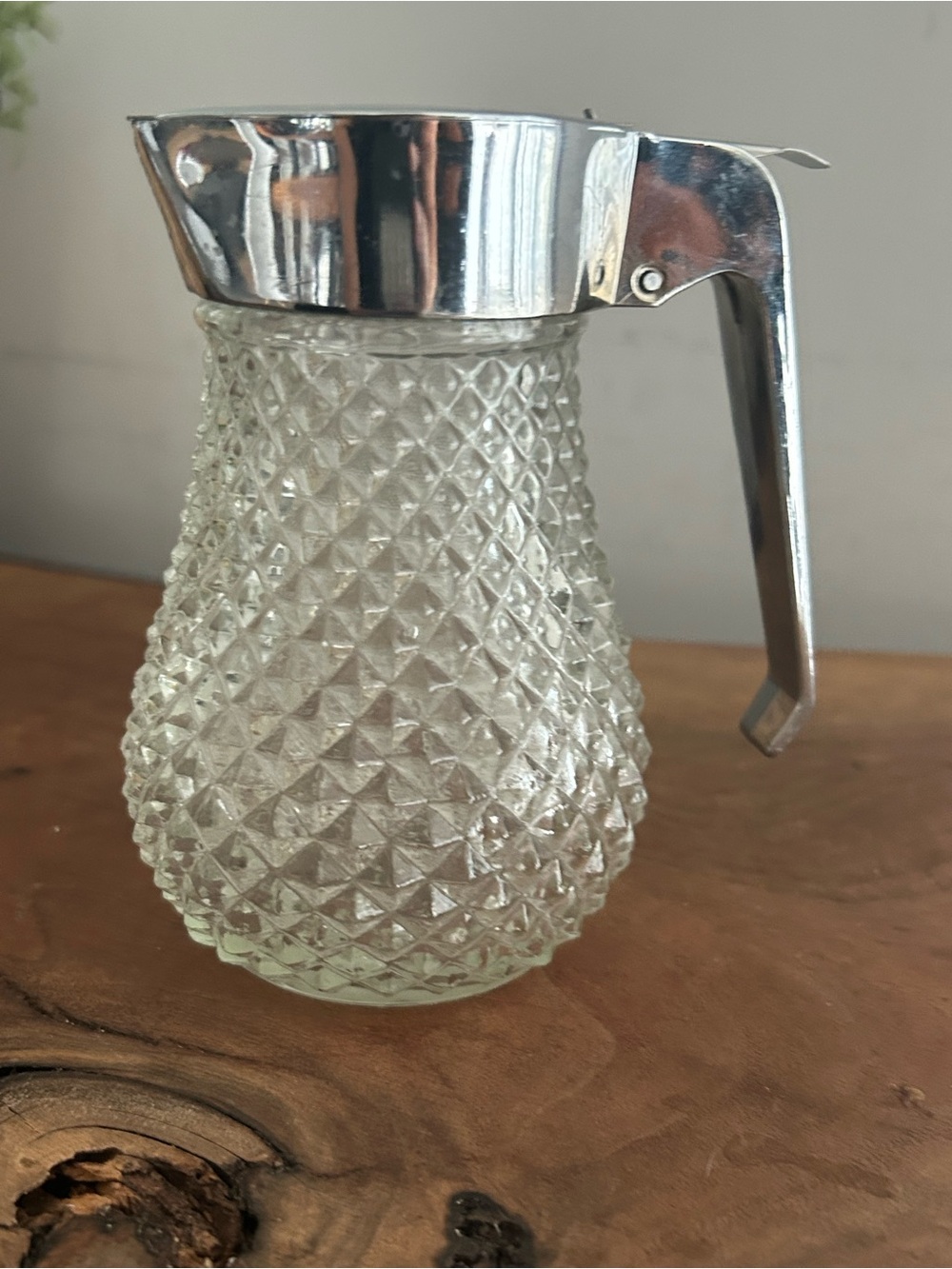 vintage syrup dispenser diamond-cut glass metal lid with a hinged handle